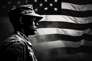 Monochromatic Military Image: Soldier and Flag