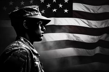 Fotobehang Monochromatic Military Image: Soldier and Flag © B & G Media