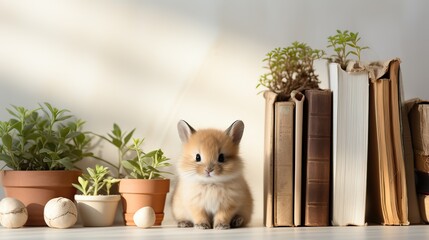 minimal lovely bunny holding book and white background. Happy back to school creative concept.