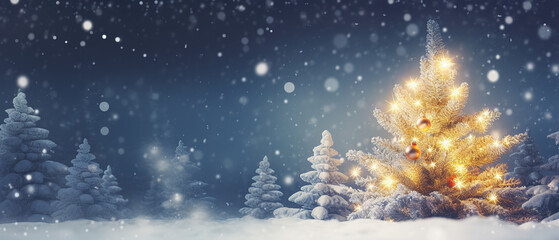 Christmas winter blurred background. Xmas tree with snow