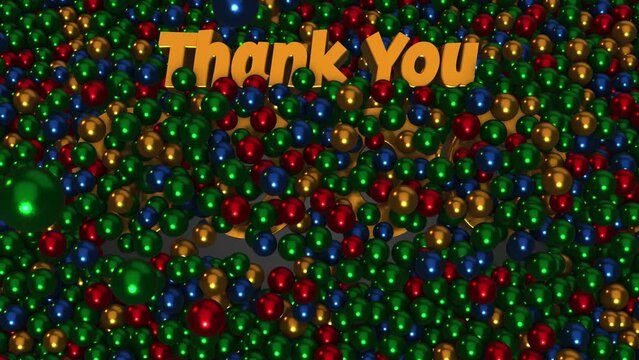 Top View Thank You 6000 Followers 3d Text reveal pushing Gold Green Blue Red Metal Ball Pit Balls Background 3d Rendering