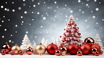 Fototapeta na wymiar Christmas tree, Christmas balls New Year's gift box, Blur background, blurred bokeh lights. Merry christmas and Happy new year event. Generative ai