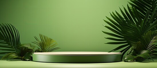 Simple backdrop showcasing cosmetic product against green background with palm leaf shadow
