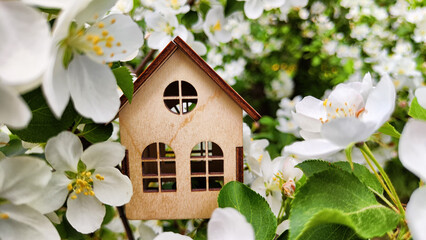 miniature toy house in apple flowers close up, spring natural background. symbol of family. mortgage, construction, rental, property concept. Eco Friendly home. soft selective focus, copy space