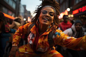 In a lively urban square, a confident plus-size woman energetically exercises. Surrounded by people and city lights