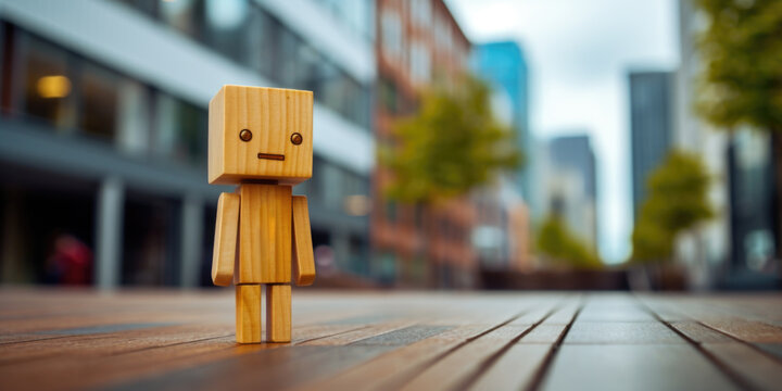 A small wooden figure standing on a wooden floor. Blurred city, urban background.