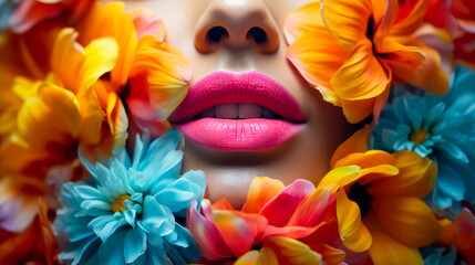 Close up von Lippen einer Frau. Gesicht umrahmt mit Blumen. Mode generiert mit KI - obrazy, fototapety, plakaty