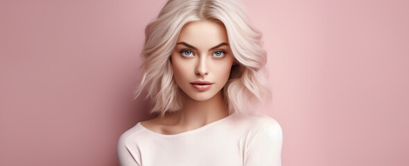 Obraz na płótnie Canvas portrait of a young blonde woman on a pastel pink background, skincare, health products, make-up, hairstyling, fashion
