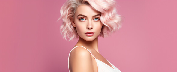 portrait of a young blonde woman on a pastel pink background, skincare, health products, make-up, hairstyling, fashion