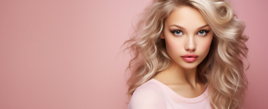 portrait of a young blonde woman on a pastel pink background, skincare, health products, make-up, hairstyling, fashion
