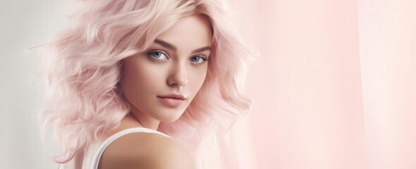 portrait of a young blonde woman on a pastel pink background, skincare, health products, make-up, hairstyling, fashion