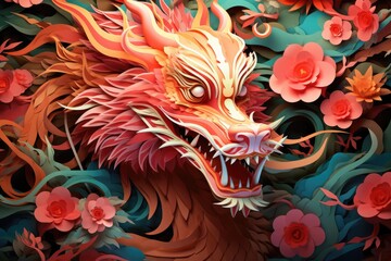 Golden and red Chinese Dragon on green background with flowers. The year of the Dragon in China and Eastern Asia. One of the Chinese zodiac signs. New Year of the Dragon 2024