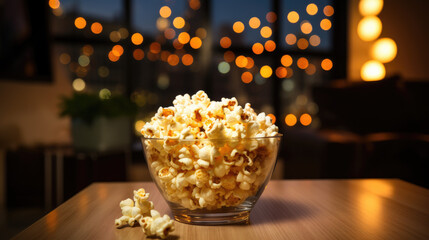 Popcorn in a glass bowl, ready to watch tv,blurred background - obrazy, fototapety, plakaty