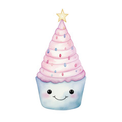 Watercolor Birthday Monster. Cute Cupcake in Birthday Theme.
