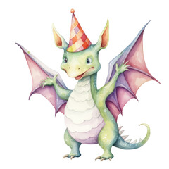 Watercolor Birthday Monster. Cute Dinosaur Monster in Birthday Theme.