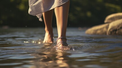Close-up of woman's feet in water, woman walking by the sea, woman with lifestyle lifestyle