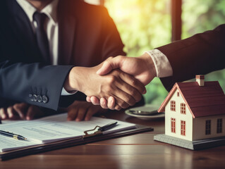 Fototapeta na wymiar A businessman and a customer shake hands in front of a residential house, signifying a successful agreement and the completion of a real estate deal.