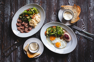Hearty lunch, healthy food, beautiful presentation of food on a dark wooden background. Food photography.