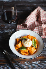 Hearty lunch, healthy food, beautiful presentation of food on a dark wooden background. Food photography.