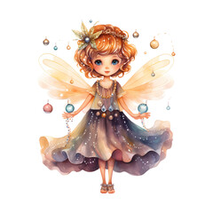 Fototapeta premium Christmas fairy watercolor clipart, Christmas decoration for children