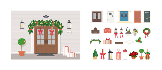 Set of elements for decorating double front door. Exterior concept for house. Cartoon flat style. Vector illustration