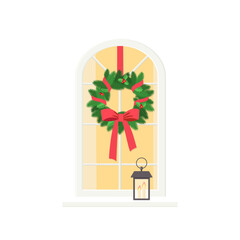 Cute window decorated with Christmas wreath and candlestick, isolated on white background. Exterior concept for house. Cartoon flat style. Vector illustration