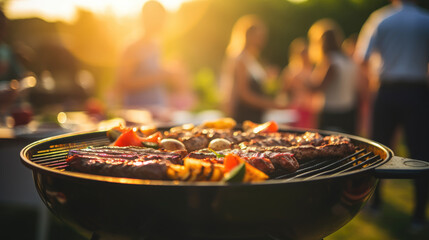 Close-up of a grill on a sunny summer day, with a blurry background of people enjoying a BBQ food party. - obrazy, fototapety, plakaty