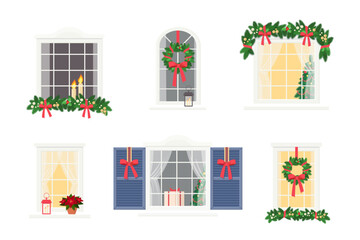 Set of cute windows with Christmas decorations isolated on white background. Exterior concept for house. Cartoon flat style. Vector illustration
