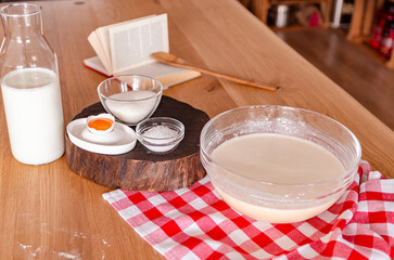 Cook's workplace. Ingredients for dough preparation