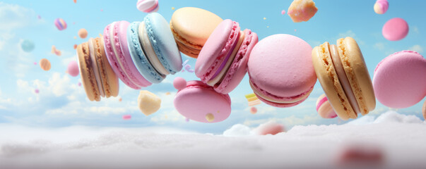 Different types of macaroons in motion falling on a colorful background
