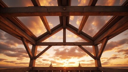 Wooden roof structure under construction with sunset background, construction site