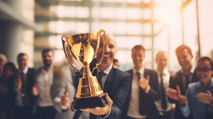 A businessman with a gold trophy, celebrating with his team in the office, captured against a blurred background. - obrazy, fototapety, plakaty