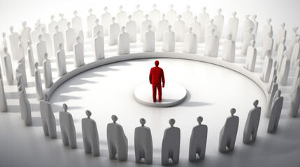 Stand out from the crowd and different creative idea concepts one red target marketing man amongs other white people on white gray background with shadows and reflections 3D rendering