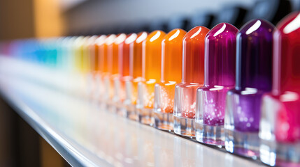Close-up of a row of colorful nail polish bottles in a nail salon.