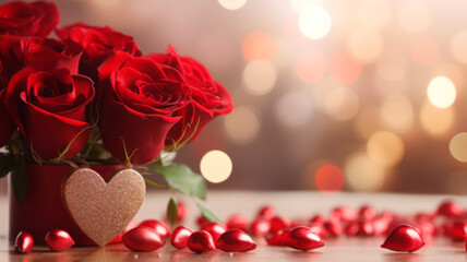 Beautiful red roses and gift box on the table, space for text. St. Valentine's day celebration