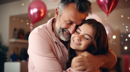 father day, cute teen girl hugging mature middle age dad. Love, kiss, care, happy smile enjoy family time. celebrate special occasion, happy birthday, merry Christmas. special day - obrazy, fototapety, plakaty
