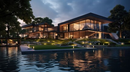 Obraz premium 3d rendering of modern house by the river at evening, house, luxury, villa, modern, architecture, building, exterior, residential, property, designer