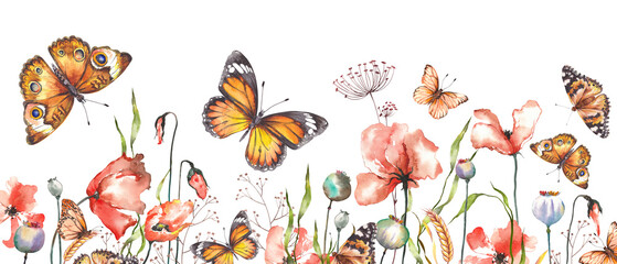 Floral horizontal border with red poppies and butterflies. Watercolor illustration isolated on white background. - obrazy, fototapety, plakaty