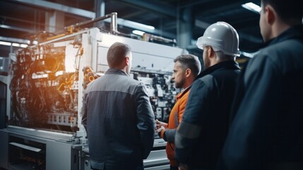 Engineers and factory managers wearing safety helmet inspect the machines in the production. inspector opened the machine to test the system to meet the standard. machine, maintenance