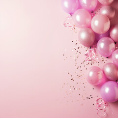 Background with fastive air balloons of round shape and confetti on pink background.