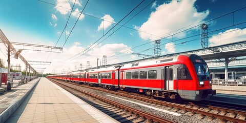 Fototapeta premium railway station with modern high speed red commuter train