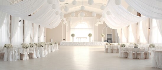 Elegantly adorned in white hues wedding venue - obrazy, fototapety, plakaty