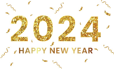 Golden Happy new year 2024 lettering typography with gold confetti background