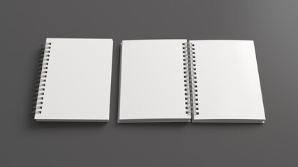 Notebook mockup. Closed and open blank notebook with white cover. Spiral notepad on gray background