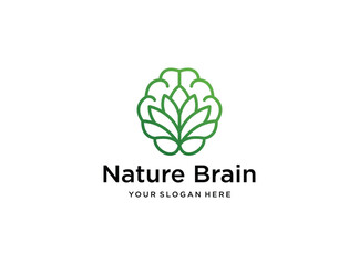 green nature lotus brain with line art style logo design