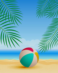 Fototapeta na wymiar Seascape with palm leaves and a bright inflatable ball on the sandy shore. Illustration, vector