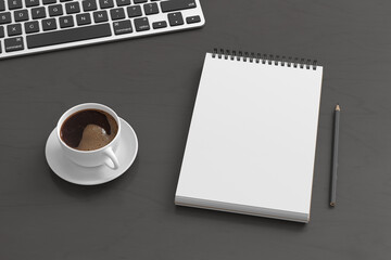 Obraz na płótnie Canvas Notebook mockup. Blank workplace notebook. Spiral notepad on dark wooden desk