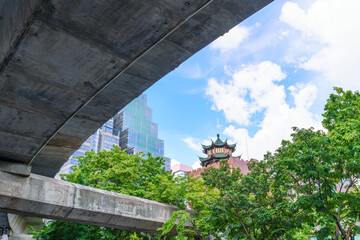 View from under the overpass to the rooftops of the Silom district in Bangkok