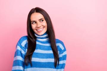 Photo of nice pretty positive person beaming smile look interested empty space ad isolated on pink color background