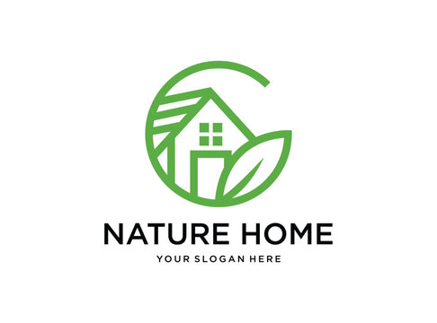 green nature home with leaf logo design